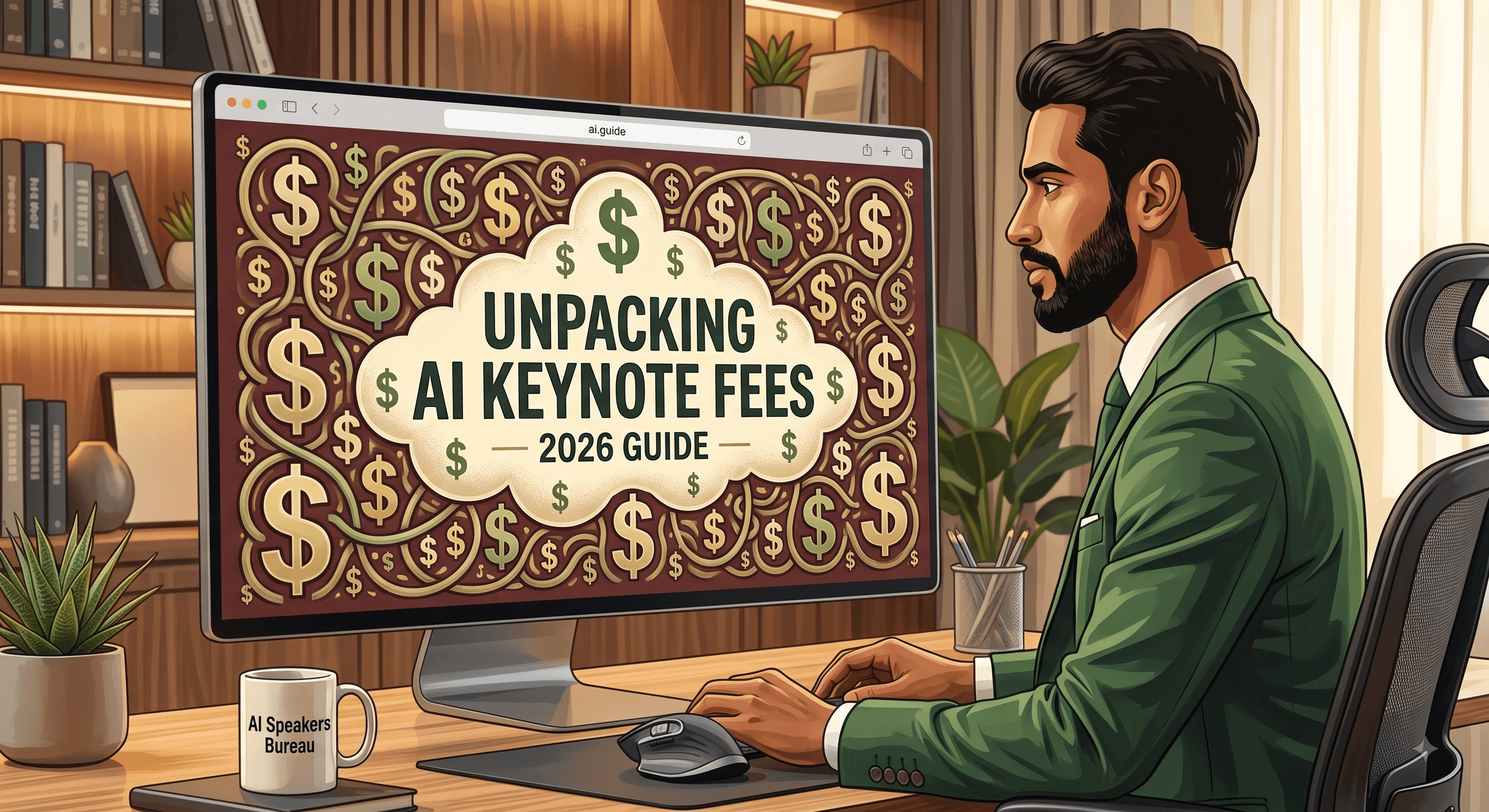 An infographic titled “UNPACKING 2026 AI KEYNOTE SPEAKER FEES: THE REAL DATA & LEVERS,” presented in a vintage, illustrated, schematic style. The subtitle reads, "Entry-level AI expertise scarcity makes fees run higher than general keynotes."
The central image is a stylized, illustrated environment labeled "Expert Ecosystem," with paths and bridges crossing over a river that flows through it. A note above reads, "*vetted expertise matters more here than in any other category."
The infographic is structured into three main sections:
THE THREE BANDS OF EXPERTISE & COST (on the left):
LEVEL 3: MARQUEE NAMES ($30,000 – $65,000+) is represented by a large gold star and descriptions: “Pioneers, recognized authorities, draw.” The fee range is "$30,000 – $65,000+." Sample names include “Peter Norvig (Google), Daniel Kraft, Divya Chander.” Icons include an observatory, gears, and a dial showing “attendance increase.”
LEVEL 2: ESTABLISHED FOUNDERS & RESEARCHERS ($20,000 – $30,000) is shown with a microscope and descriptions: “Proven speakers, workhorses, stakeholder defense.” Icons include an office building, blueprints, and a dial labeled “Budget Clearance.” Sample names listed are “Mo Tiwari (Staff Research Scientist, Google), Chris Yeh (Blitzscaling Ventures, co-author w/ Reid Hoffman).”
LEVEL 1: EMERGING EXPERTS ($15,000 – $20,000) features a rocket icon and descriptions: “Rising researchers, specialized academics, breakout.” Icons include satellites, a lightbulb, and a dial for “Q&A Depth.” Sample names include “'Rising researchers, specialized academics,' Grey.”
A bottom text box on the left section highlights: “SCARCITY FACTOR: Entry-point for AI expert ~$15,000 vs. General entry ~$5,000.”
THE TRUE TALK QUALITY STREAM (center): The paths from the three bands of expertise merge into a wide river labeled “THE TRUE TALK QUALITY STREAM (BOTH $20k & $50k DELIVER EXCEPTIONAL SESSIOONS).” This stream flows to the right.
LEVERS OF VALUE & COST: logistic factors (on the right): This section is framed as a "Control Panel" and details how different factors affect final speaker fees:
VIRTUAL DELIVERY: Depicted with a satellite and person icon, it indicates a “50%–75% DISCOUNT.” Text bubbles add: “REMOTE keynotes cost less.” and "for a 2nd speaker" and "Freed budget."
TRAVEL & EXPENSES: Shown with a suitcase and airplane over a map, it states “ADDITIONAL +$1,500 to +$3,500 domestic” and “East-to-West cost.”
WORKSHOP/PANEL ADD-ON: Represented by a group of people sitting at a table, it has an upward-pointing arrow for "Value Increase" and text: “Raising total, lowering cost per hour of value.”
RECORDING RIGHTS: A film reel with dollar signs indicates a “Premium” and "+10% to +25% PREMIUM," with a note: “Internal reuse costs extra.”
A bottom text box with a pointing hand adds: “TIMING, EXCLUSIVITY, VETTING: each nudge the final number.”
A main banner across the entire bottom reads: “CORPORATE PROGRAMS LAND BETWEEN $15,000 AND $50,000. CEILING IS LOWER THAN STAR CELEBRITY STRATOSPHERE.”