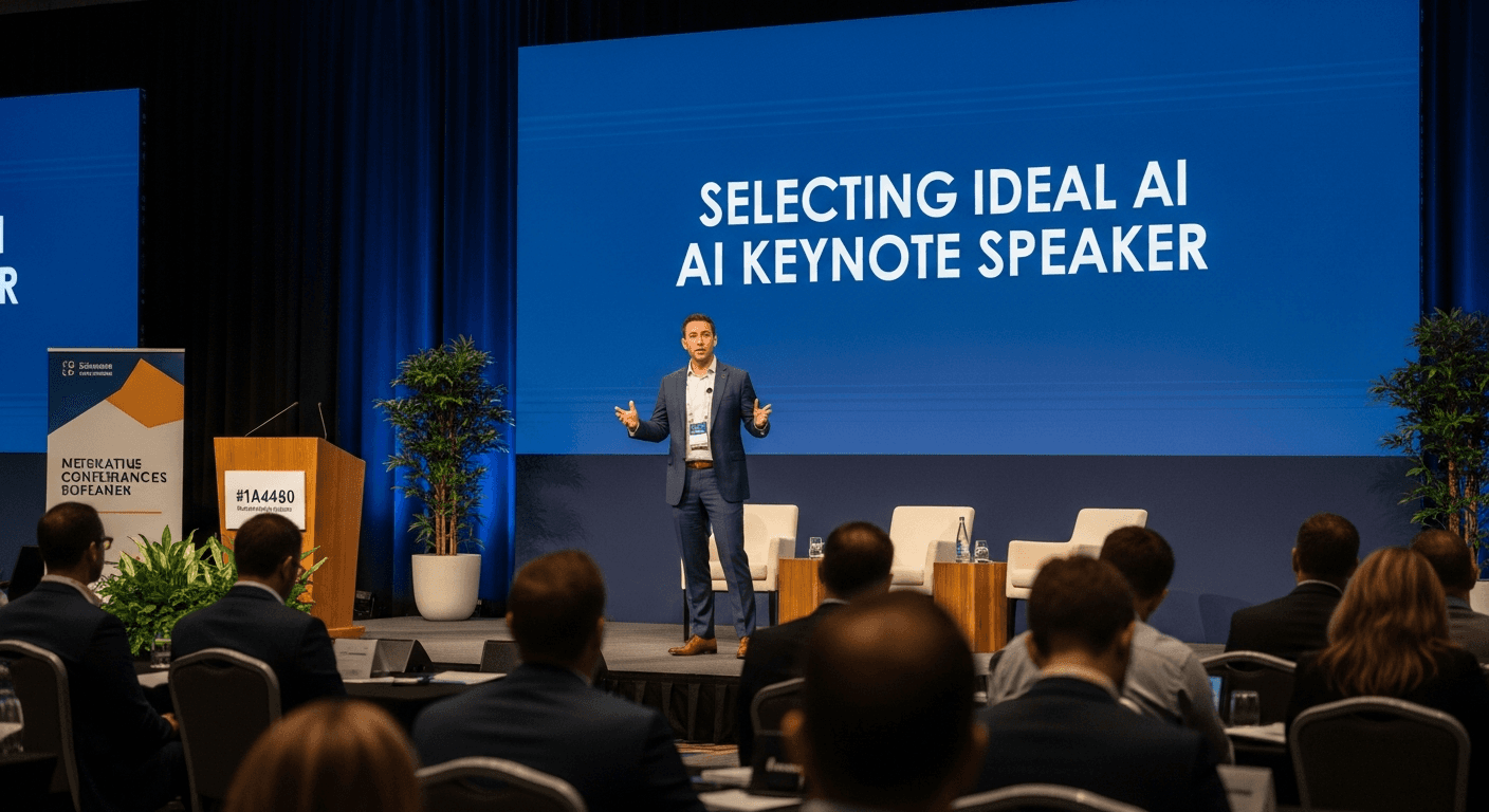 A dynamic keynote speaker stands center stage, making eye contact with the audience and gesturing expansively, with a