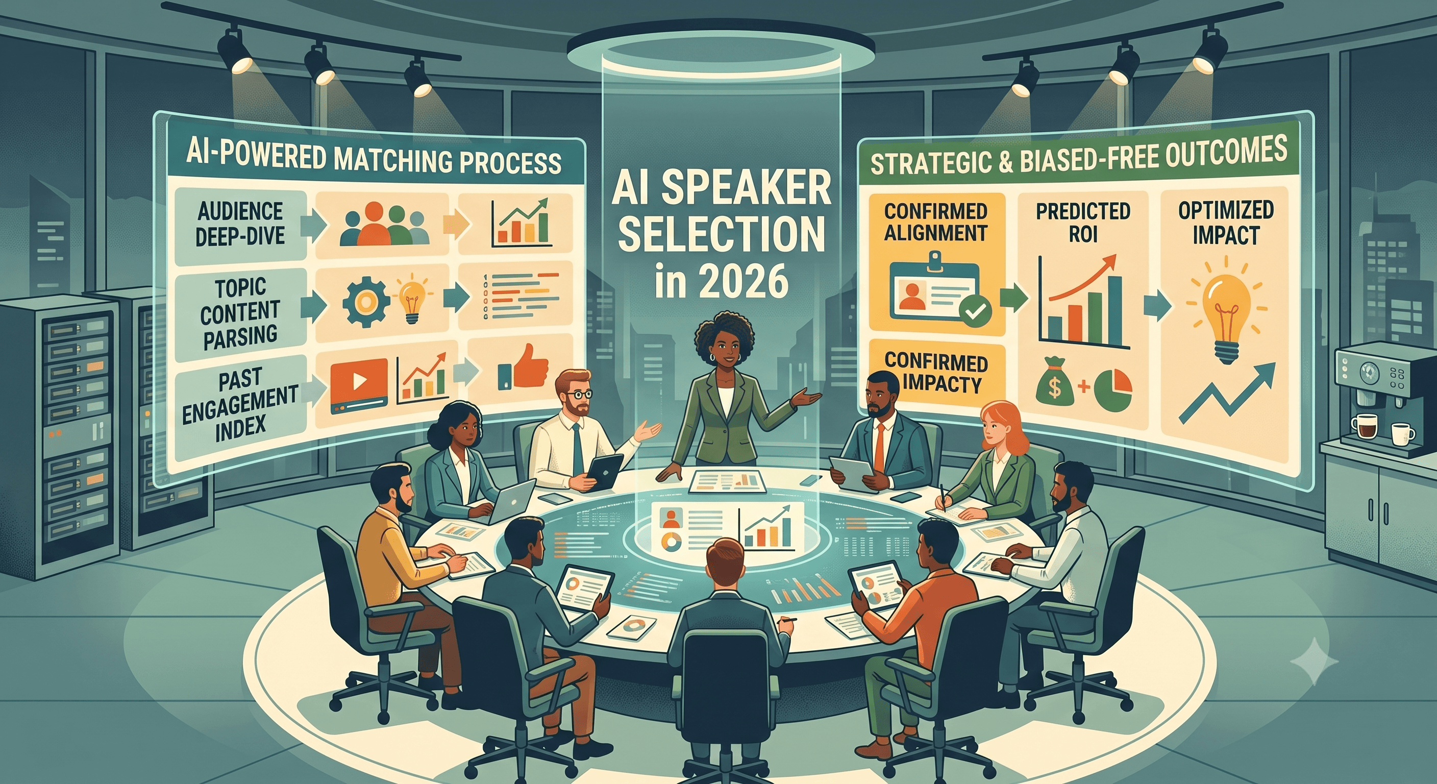 A diverse group of conference attendees seated in tiered rows, leaning forward with engaged attention as a speaker gestures from the stage, with some taking notes and others exchanging glances of reco