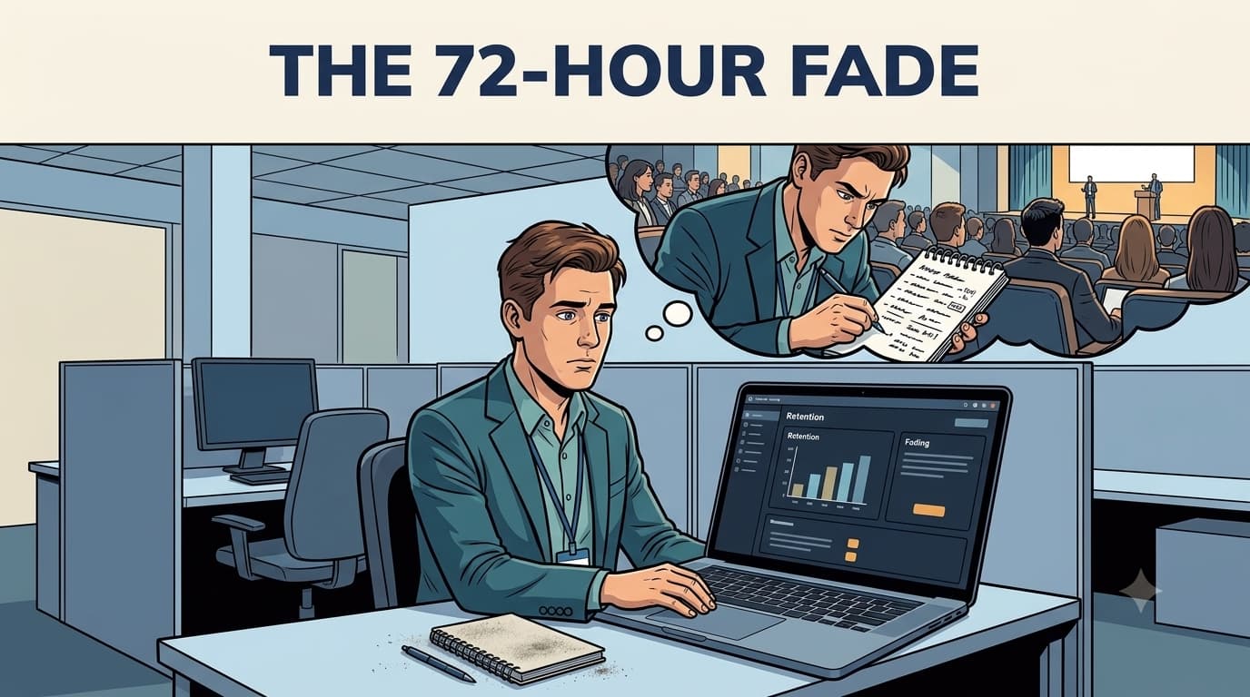 A corporate event planner or L&D leader sitting alone at a desk in a modern office, reviewing a spreadsheet or dashboard on a monitor that displays post-event survey data, attendance metrics, and beha