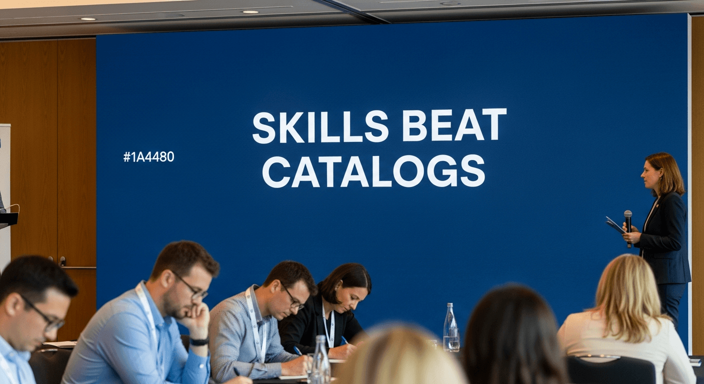 A group of HR and L&D leaders seated in an audience, leaning forward with focused attention, some taking notes, while a speaker stands at the edge of the frame addressing them directly.