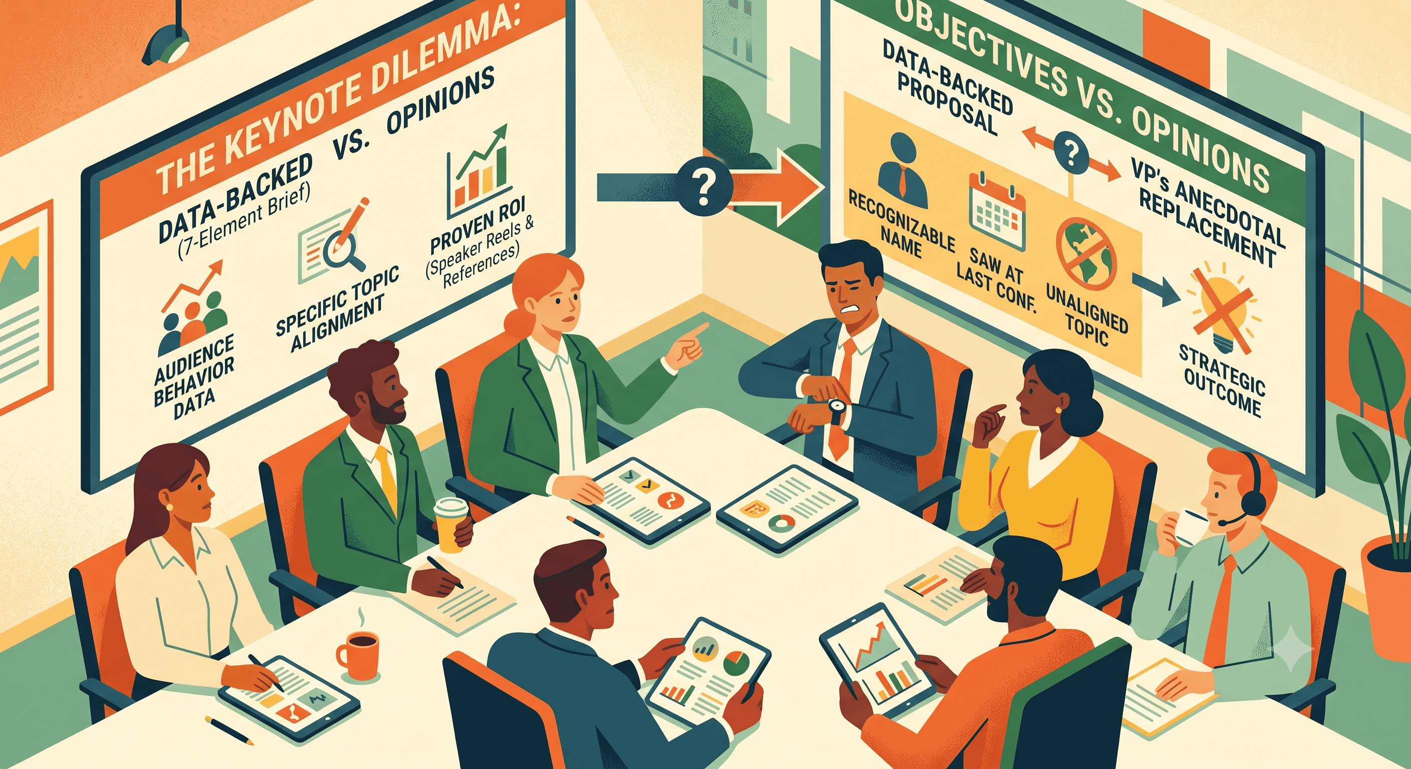 A corporate event planner or L&D leader presenting a speaker recommendation to a seated committee or stakeholder group, gesturing toward supporting materials or speaking with confident conviction. Att