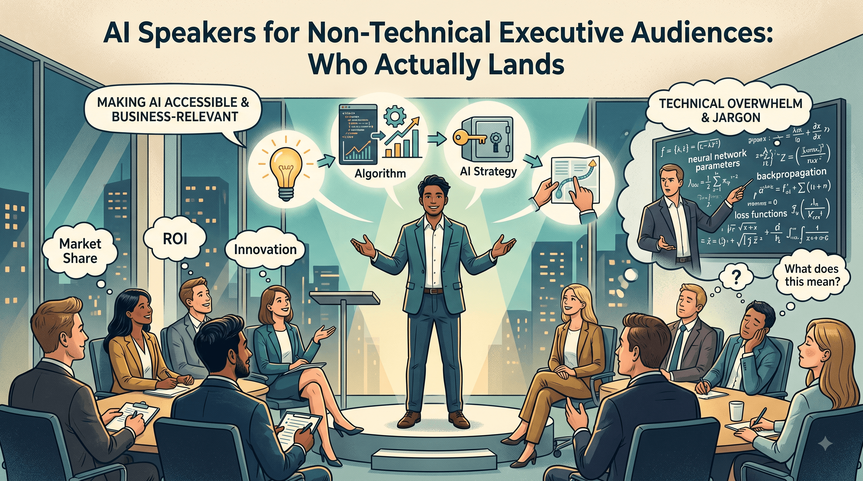 his image is a detailed illustration titled "AI Speakers for Non-Technical Executive Audiences: Who Actually Lands," contrasting two distinct styles of presenting AI concepts to leadership teams in a modern corporate boardroom.
Key Elements
Title: Displayed prominently at the top in a bold, dark navy font across a light background.
Setting: A high-end corporate boardroom featuring floor-to-ceiling windows with a nighttime view of a city skyline. Executives in formal business attire sit around a large oval boardroom table.
1. The Effective "Translator" (Center Presenter)
Presenter: A male speaker in a green suit stands confidently on a small raised stage in the center with open, welcoming arms.
Speech & Thought Flowchart: Above him, a speech bubble reads "MAKING AI ACCESSIBLE & BUSINESS-RELEVANT". Below it, a four-step visual process connects:
Lightbulb (Ideas & Concepts)
Algorithm (Data & Code)
AI Strategy (A key opening a safe)
Roadmap (Hands pointing along a growth path)
2. Engaged Audience (Left Side)
Audience Reaction: The executives on the left side of the table appear cheerful, attentive, and engaged, taking notes on clipboards and notebooks.
Thought Bubbles: Their thought bubbles focus on high-level executive priorities:
"Market Share"
"ROI"
"Innovation"
3. Technical Overwhelm & Disengagement (Right Side)
Inset Ineffective Speaker: In a thought-like bubble above the right side labeled "TECHNICAL OVERWHELM & JARGON", a second speaker stands before a chalkboard covered in dense mathematical formulas, loss function equations, and terms like "neural network parameters" and "backpropagation".
Audience Reaction: The executives sitting on the right side look bored, confused, or unengaged—one rests his head on his hand while slouching.
Thought Bubbles: Their thought bubbles express confusion:
"?"
"What does this mean?"
Visual Style
The graphic uses a clean, comic-vector illustration style with a professional color palette of teals, gold, navy, and gray, effectively illustrating the gap between business-driven AI communication and jargon-heavy technical lecturing.