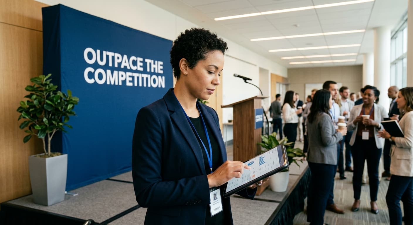 An event planner or conference producer reviewing attendee data on a tablet or laptop while standing near the stage, with networked attendees visible in the background engaged in conversation.