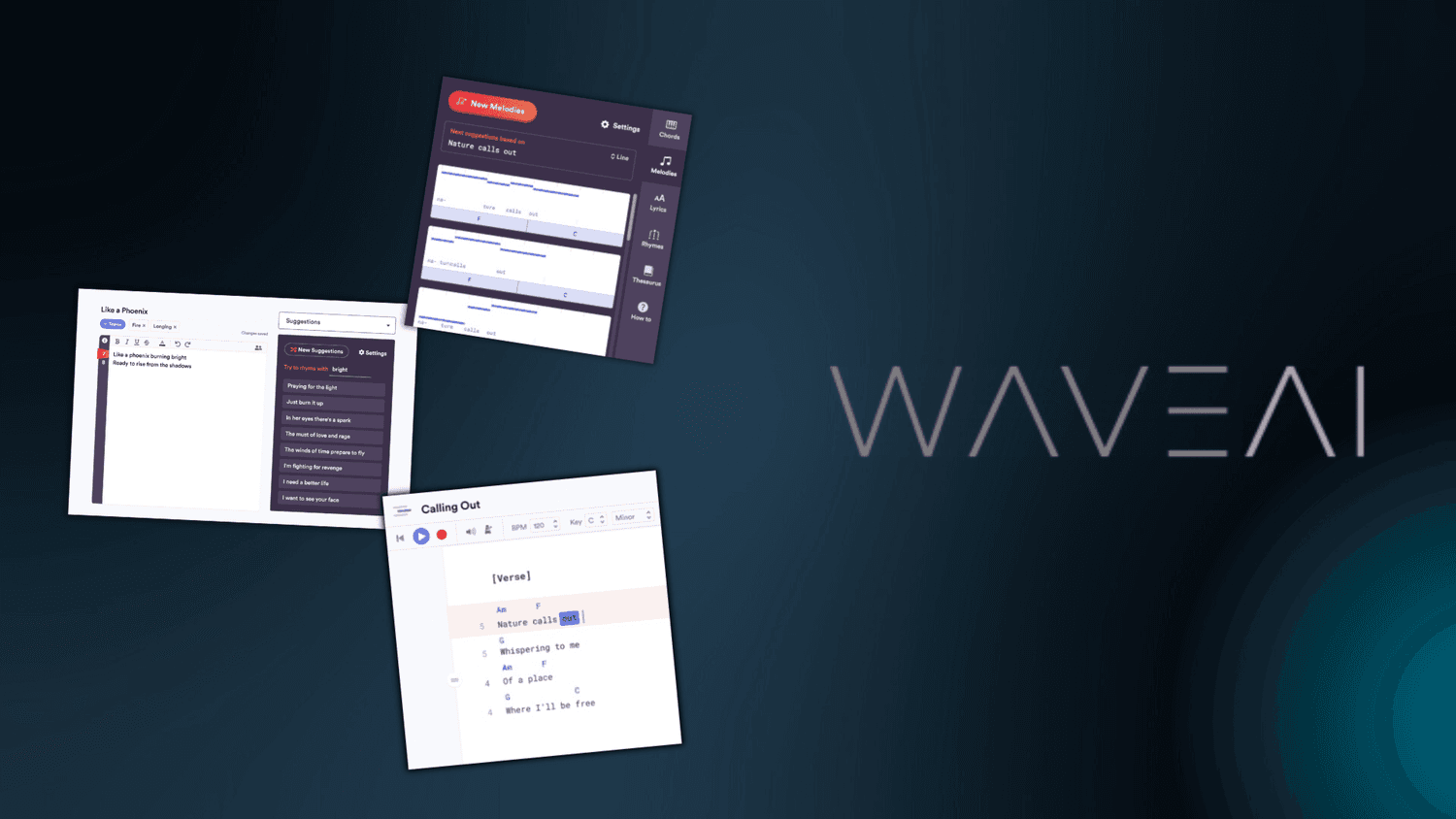 An image that showcases 3 screenshots of different interfaces with WAVEAI