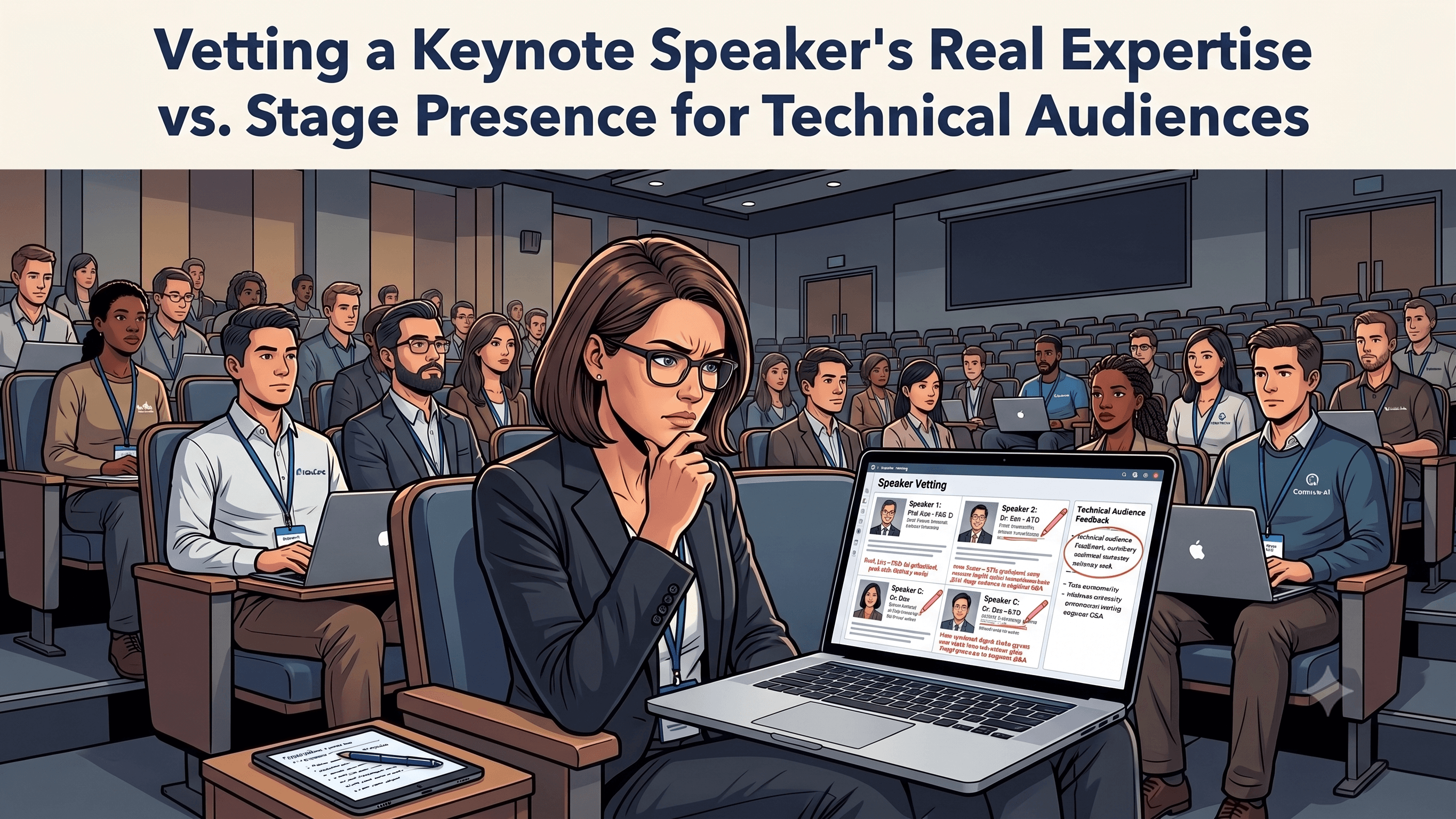 A conference programmer or event lead reviewing a shortlist of speaker profiles on a laptop, with an engineering audience visible in the background of an auditorium, evaluating credentials with a focused, critical expression.