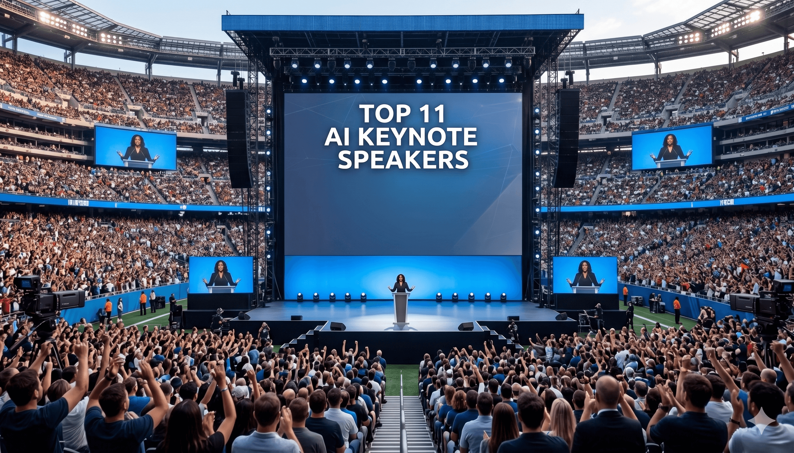 A single speaker stands center stage, looking out at the audience with an engaging expression, one hand resting on a podium.