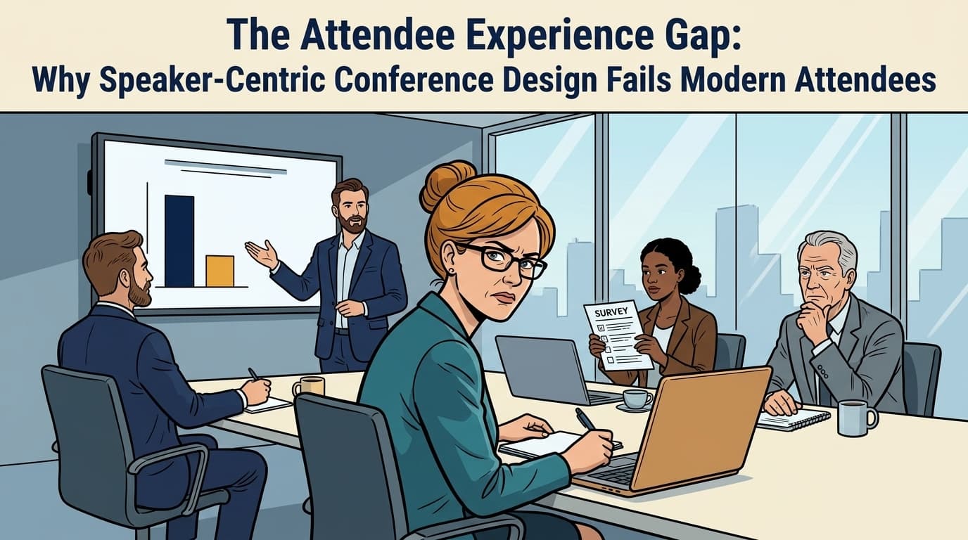 A woman in her mid-40s in glasses and a teal blazer sits at a conference table studying her own laptop with a sceptical frown while colleagues debate a two-bar chart on the wall screen and one holds up a printed survey.