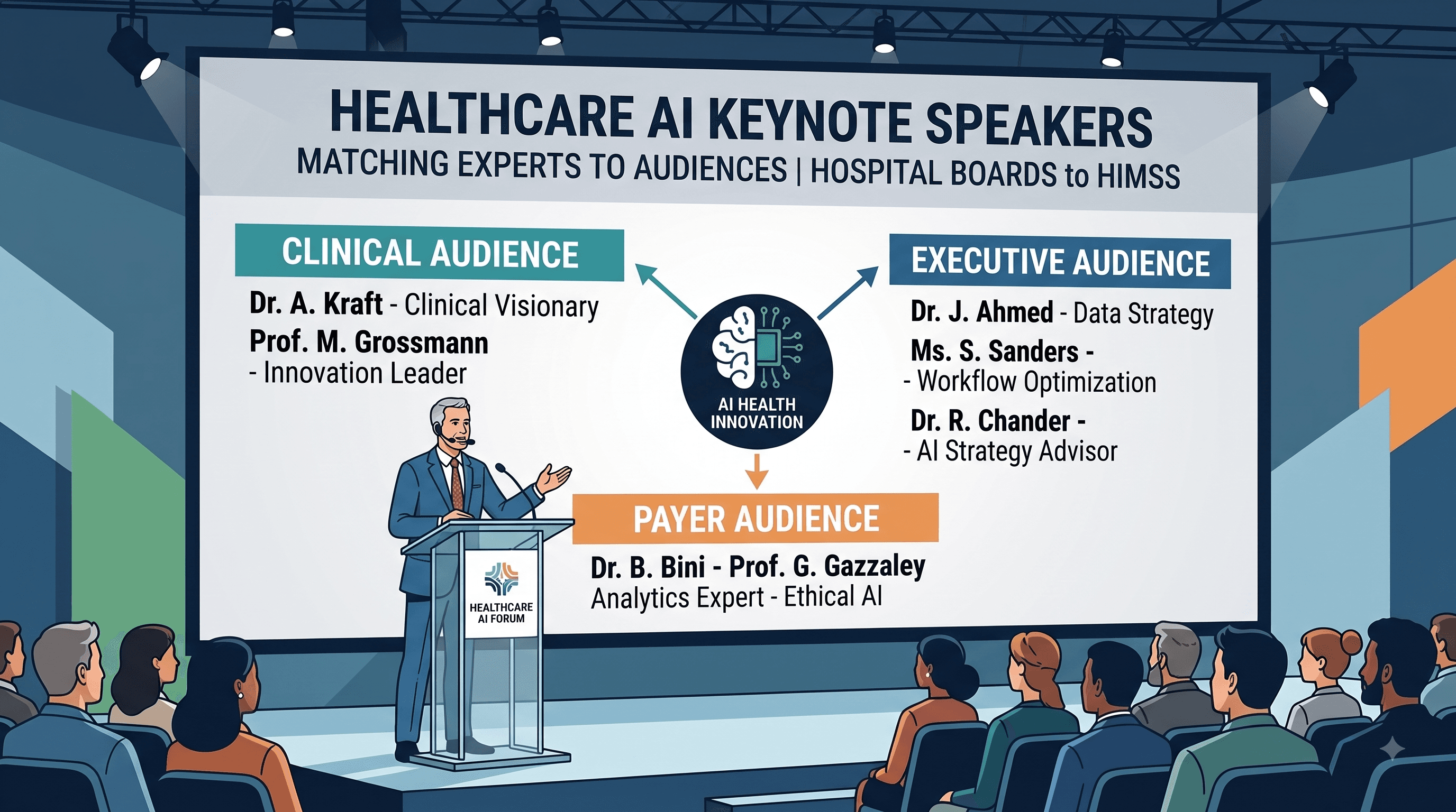The image is a clean, flat-style vector illustration depicting a keynote speaker giving a presentation at a conference auditorium.
Key Elements of the Image
The Speaker & Stage: On the left side of a raised stage, a male keynote speaker with short gray hair, wearing a dark blue suit, red tie, and a headset microphone, stands at a glass and metal podium branded with "HEALTHCARE AI FORUM."
The Presentation Screen: A large screen dominates the backdrop, displaying a simplified flow diagram:
Header: "HEALTHCARE AI KEYNOTE SPEAKERS" with the subtitle "MATCHING EXPERTS TO AUDIENCES | HOSPITAL BOARDS to HIMSS."
Center Logo: A dark circle containing a stylized brain merged with a circuit board, labeled "AI HEALTH INNOVATION."
Clinical Audience (Teal): Branches off to the left, highlighting Dr. A. Kraft (Clinical Visionary) and Prof. M. Grossmann (Innovation Leader).
Executive Audience (Dark Blue): Branches off to the right, highlighting Dr. J. Ahmed (Data Strategy), Ms. S. Sanders (Workflow Optimization), and Dr. R. Chander (AI Strategy Advisor).
Payer Audience (Orange): Branches straight down, listing Dr. B. Bini and Prof. G. Gazzaley (Analytics Expert - Ethical AI).
The Audience & Atmosphere: The foreground shows the backs of audience members seated in dark rows facing the stage. Overhead stage lighting and geometric backdrop panels in teal and orange complete the scene.
Color Palette & Style: Uses a crisp graphic design aesthetic with sharp outlines and a color palette dominated by slate blue, teal, orange, grey, and white.