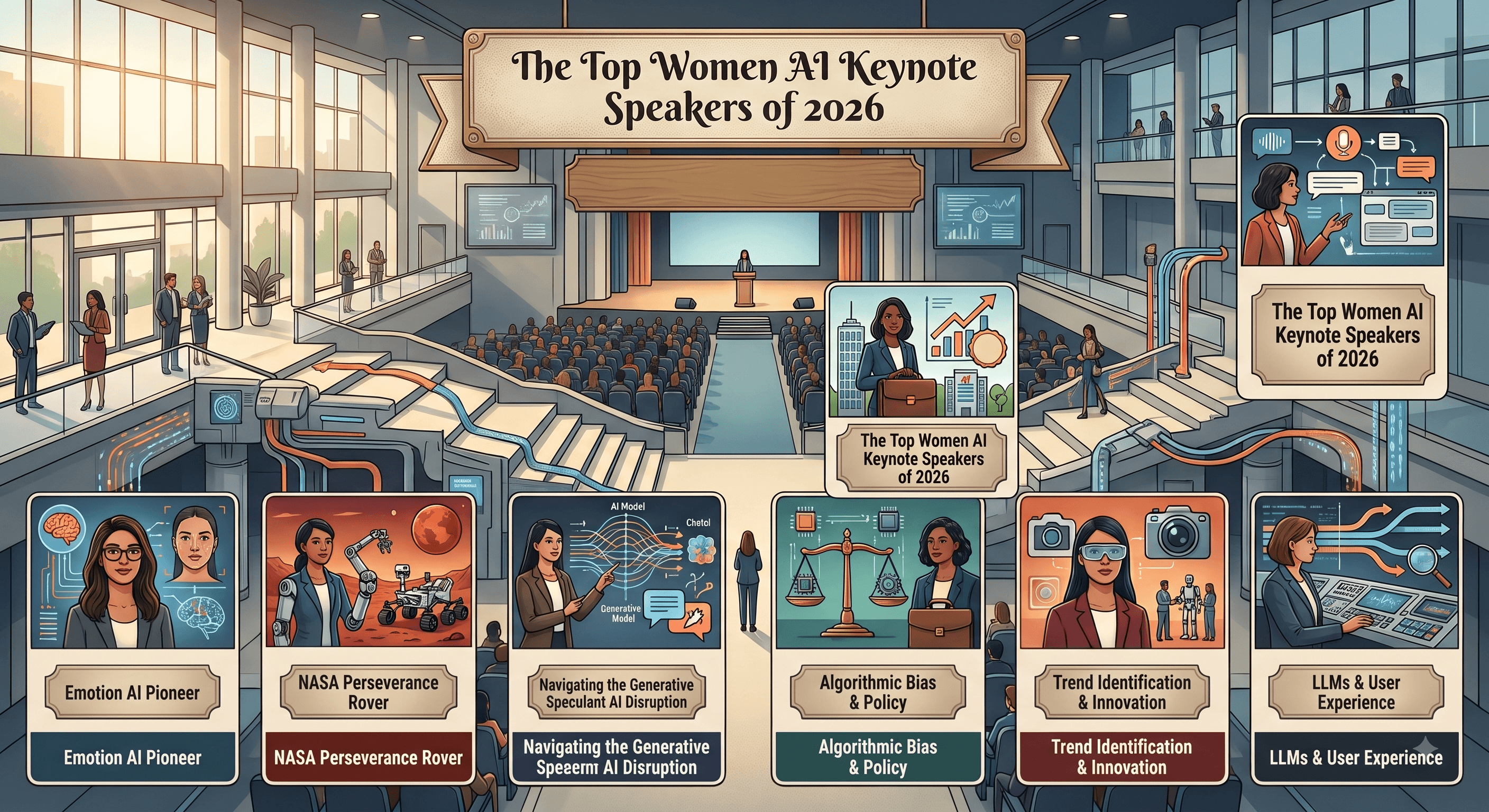 This is a comprehensive, stylized illustration or infographic combining an isometric architectural view of a large, modern conference center with structured informational panels. The overall theme is a 2026 summit focused on leading female figures in Artificial Intelligence.
The image is structured in three main areas:
1. Context Banners (Top Center)
At the top center, hanging over the main conference hall, is a large, decorative parchment-style scroll banner with large text reading: "The Top Women AI Keynote Speakers of 2026".
2. Background Conference Scene
The background is a detailed, high-angle view looking into a multi-level convention center or corporate headquarters. The style is a clean, graphic illustration reminiscent of comic book art or vintage corporate architectural renderings.
Main Auditorium: In the center, a huge seated audience faces a brightly lit stage. Spotlights are intersecting on stage, where a female figure stands at a podium giving a presentation. Two large screens display geometric AI patterns behind her.
Networking Levels: Surrounding the auditorium are modern corridors and balconies connected by stairs and ramps. Illustrated figures (both men and women) are walking around, networking, holding clipboards, and looking at technology monitors.
Technology Flow: Transparent orange pipes containing stylized blue data streams are integrated into the architecture, running along the stairs and walls, visualizing the flow of information.
3. Informational Panels (Foreground/Bottom)
Lined across the bottom of the image is a structured, horizontal row of six detailed profile panels, built on a grid. Each panel includes a numbered heading, an illustrated portrait of a female speaker, a specific iconographic scene representing their specialty, and a matching title and repeated subtitle. The panels follow a warm, distinct color palette for each topic.
Going left to right across the bottom row:
Panel 1: "Emotion AI Pioneer" (Purple/Blue base): Features a portrait of a Black woman with glasses, alongside an icon showing a human brain with circuit patterns and a small profile face.
Panel 2: "NASA Perseverance Rover" (Orange base): Features a portrait of a woman in a suit, alongside a Martian landscape scene with the Mars Rover and a robotic arm reaching toward a rock.
Panel 3: "Navigating the Generative Speculant AI Disruption" (Green base): Features a portrait of a woman pointing, alongside a complex graph visualizing AI and LLM (Large Language Model) flow charts. The text within the internal diagram appears slightly abstract or generated (reading "A Noel," "Cbatei," etc.).
Panel 4: "Algorithmic Bias & Policy" (Light Blue base): Features a portrait of a woman, alongside an icon showing the classical scales of justice holding computer chips instead of weights.
Panel 5: "Trend Identification & Innovation" (Red base): Features a portrait of a woman with large virtual reality or augmented reality glasses, alongside icons of digital cameras.
Panel 6: "LLMs & User Experience" (Dark Blue base): Features a portrait of a woman working at a futuristic, complex multi-monitor computer console, alongside diagrams of data flow and a magnifying glass.
Additional Side Panel (Upper Right)
To the upper right of the main auditorium, there is an extra floating panel on a stand. The lower frame reads "The Top Women AI Keynote Speakers of 2026". Above it is another illustrated panel showing two women discussing a flowchart or process diagram.