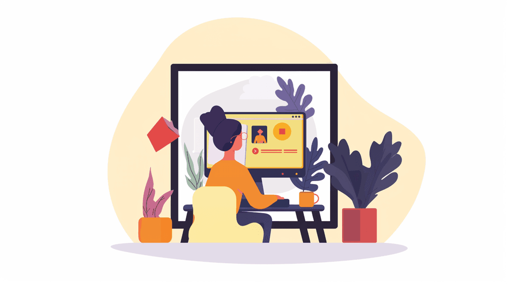 An animation where you see a woman doing something online.