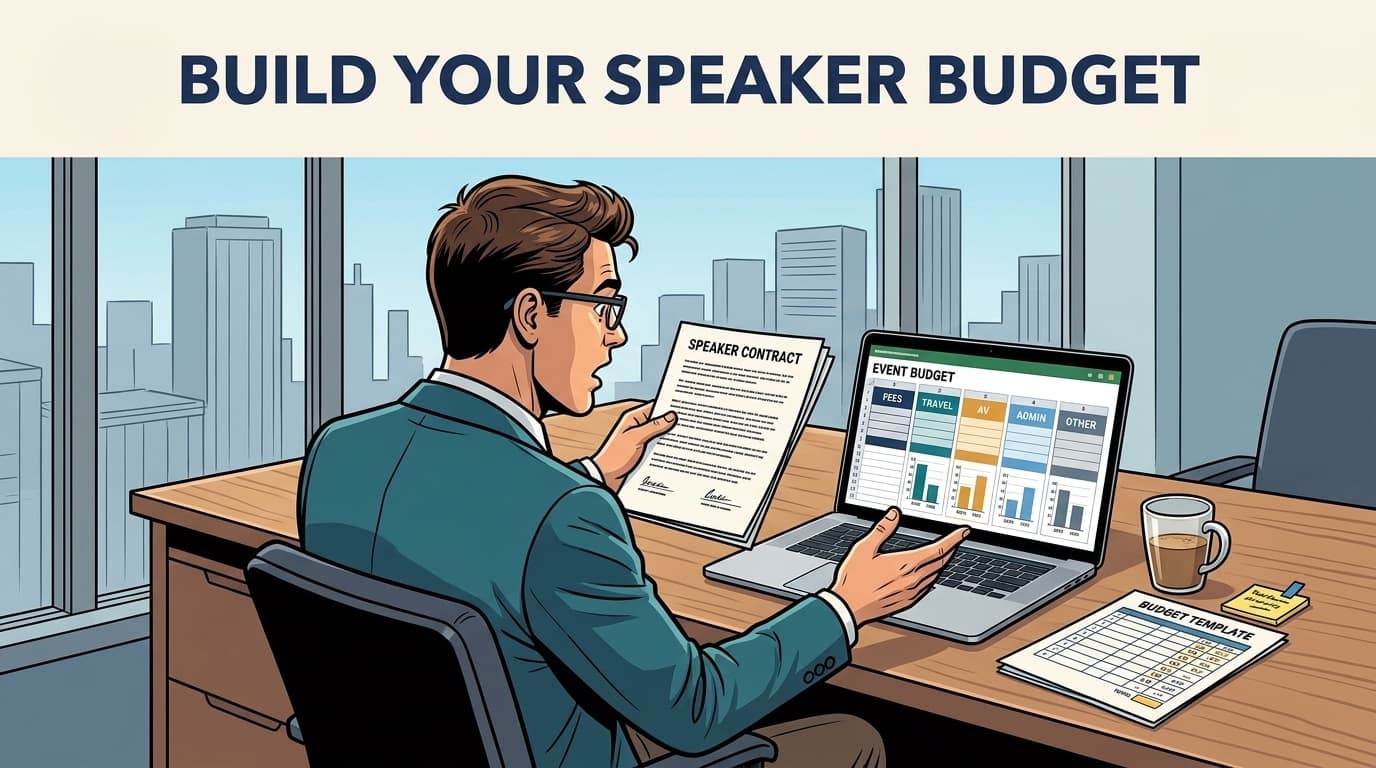 A corporate event planner and a procurement manager reviewing a detailed speaker cost breakdown on a laptop at a conference table, with budget spreadsheets and contract documents spread across the sur