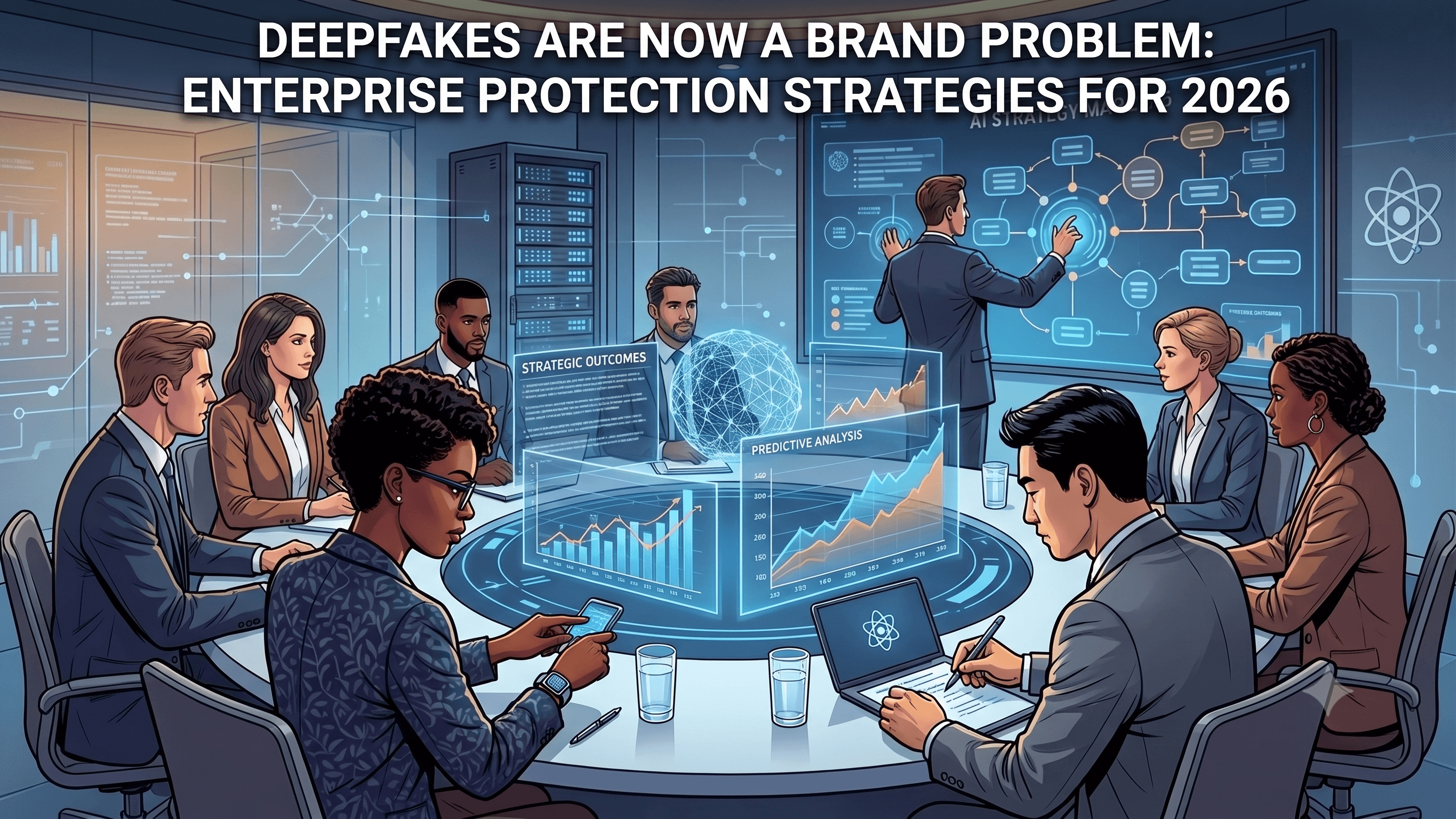 A corporate communications executive or CMO in a boardroom or office setting, reviewing deepfake detection alerts or synthetic media on a monitor, with colleagues gathered around discussing response s