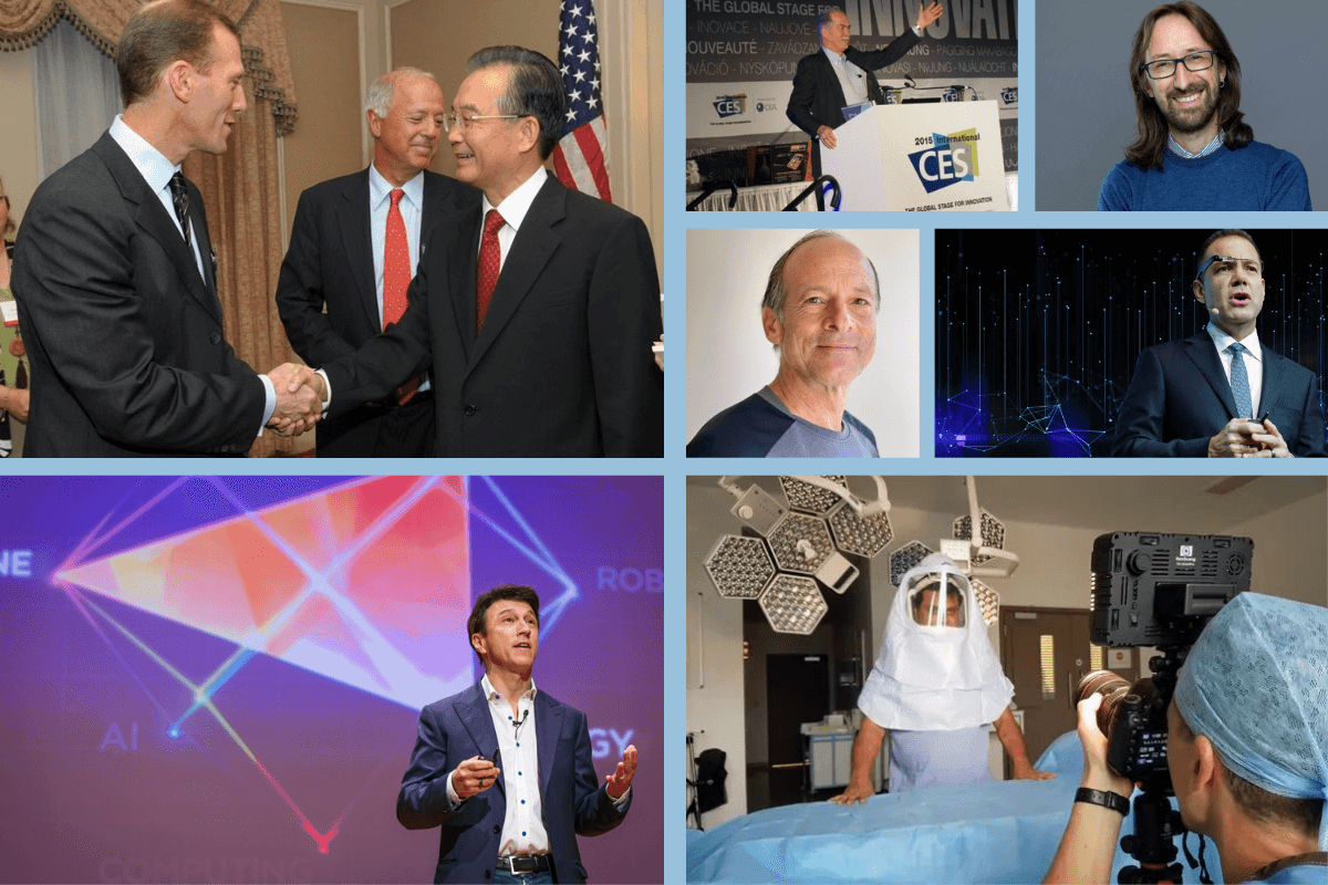 This collage showcases various professionals and innovators in technology, AI, and medical fields, highlighting advancements and discussions in these industries. It features speakers at conferences, business meetings, and a medical procedure being recorded, emphasizing progress and collaboration
